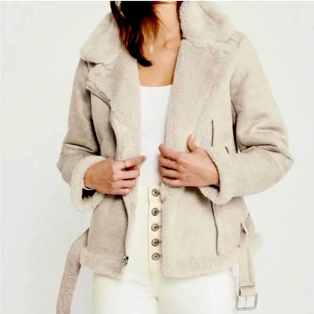 Abercrombie & Fitch Faux Suede Shearling Moto Motorcycle Jacket Beige Off White